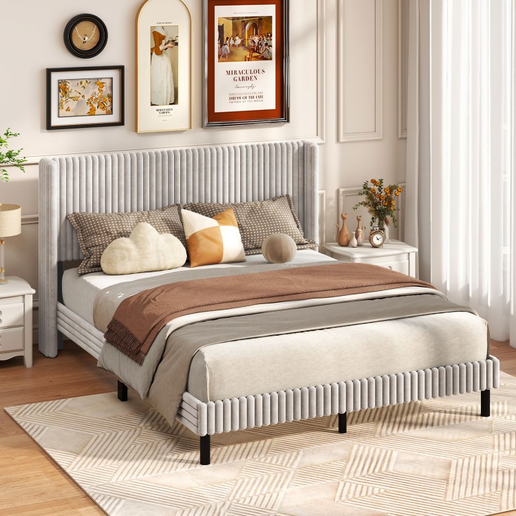 Queen size velvet bed frame with vertical channel tufted wingback headboard in white, perfect for modern bedroom decor.