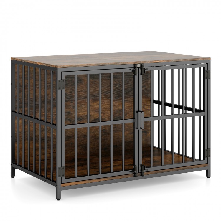 Rustic brown 40-inch dog crate furniture with dual lockable doors, designed as a stable side table for pets.