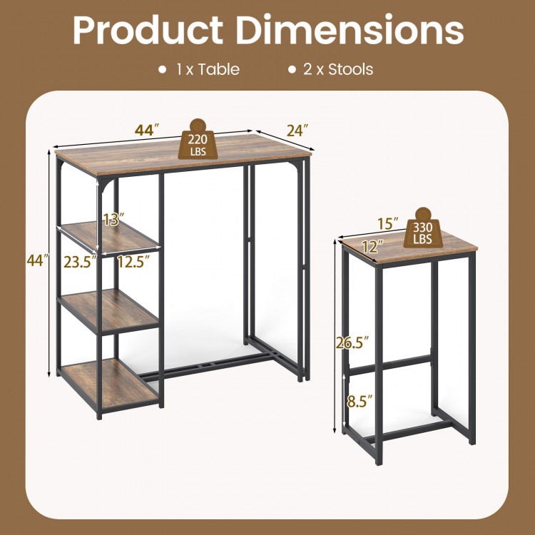 3-Piece Bar Table Set for 2 Bar-Height Dining Table with 2 Stools - Gallery View 5 of 11