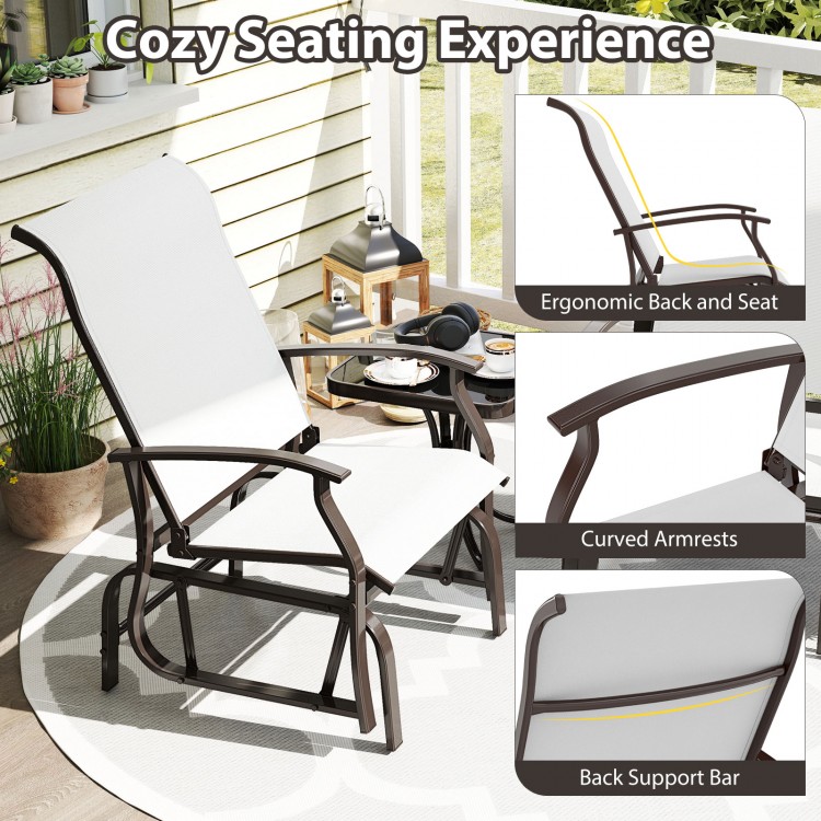 Outdoor glider chair with ergonomic backrest and beige fabric, perfect for relaxing on the patio or porch.