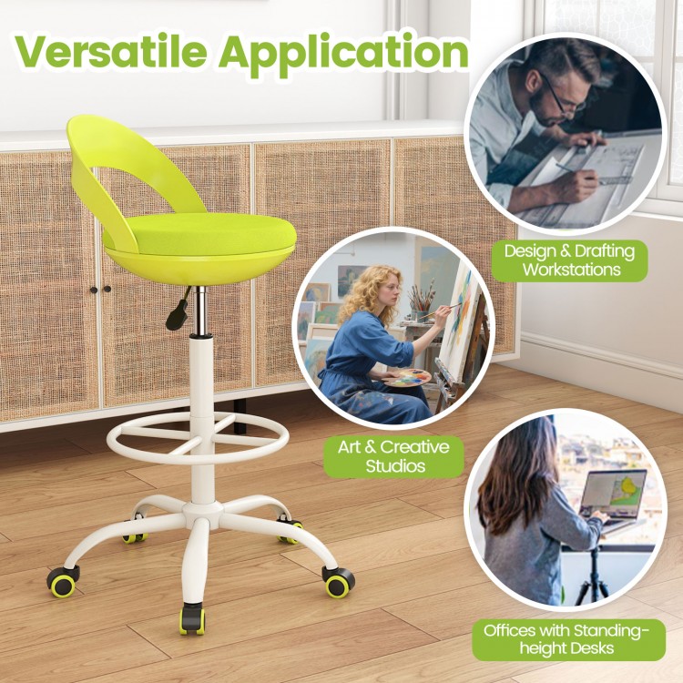 Drafting stool with green upholstery, adjustable height, and rolling wheels, ideal for creative studios and standing.