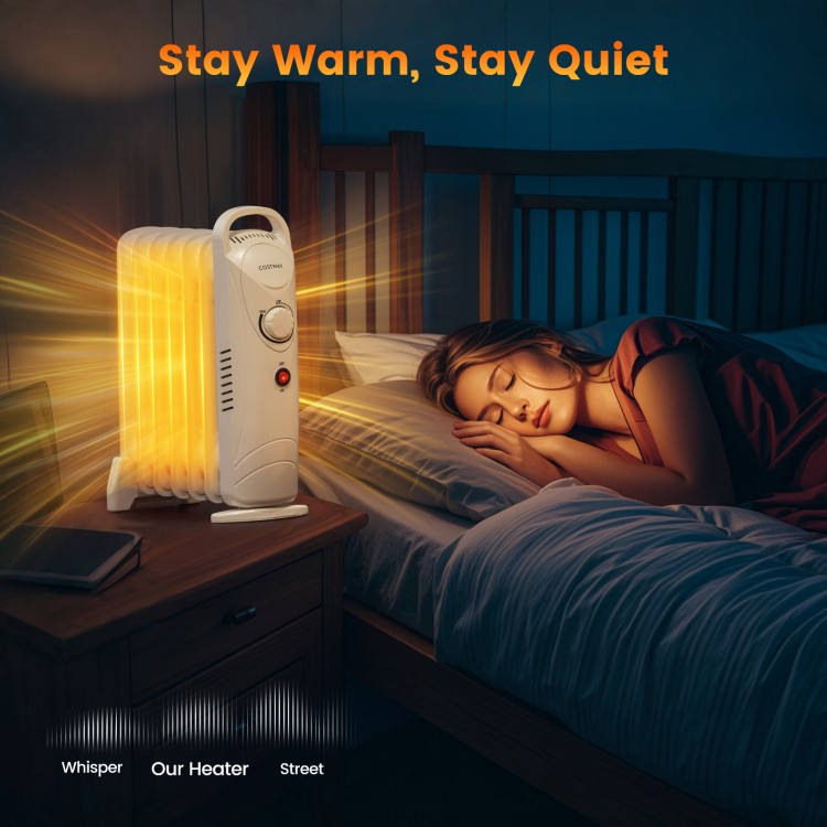 Electric oil-filled radiator heater in white, 700W, with adjustable thermostat for quiet, efficient heating up to 120.