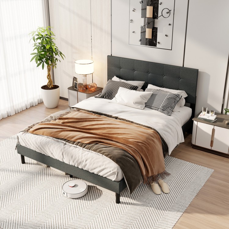 Queen size upholstered bed frame in dark gray with tufted headboard, featuring wooden slats and ample under-bed space.
