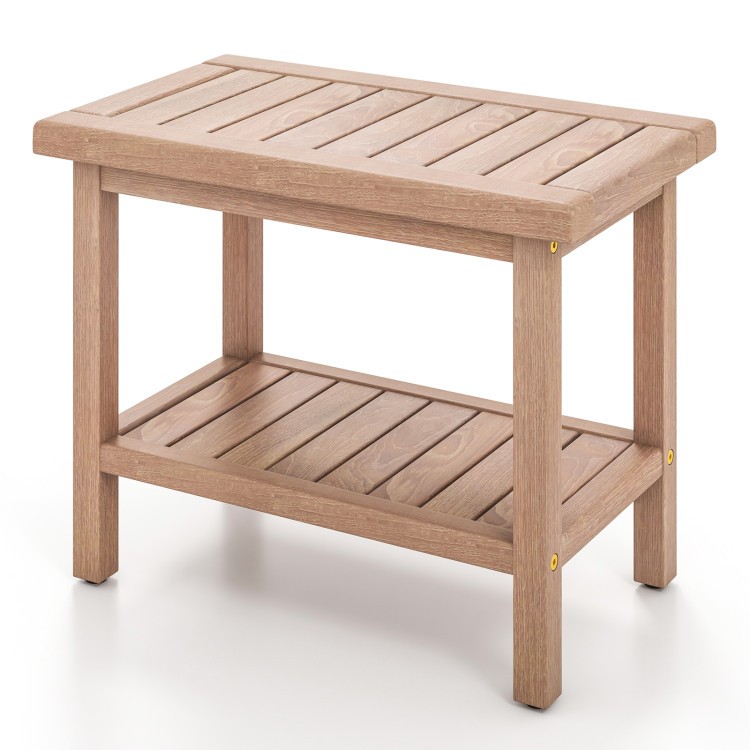 Teak utility bench with slatted design, perfect for laundry supplies and space-saving storage in compact rooms.