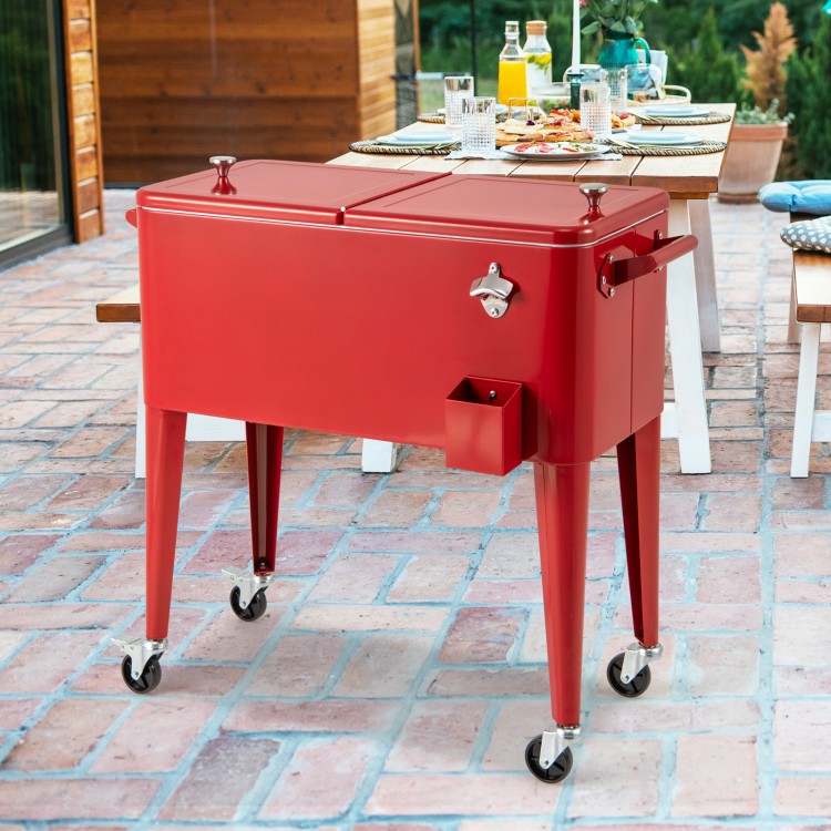 Red portable outdoor patio cooler cart with 80-quart capacity, refrigeration insulation, and four wheels for easy.