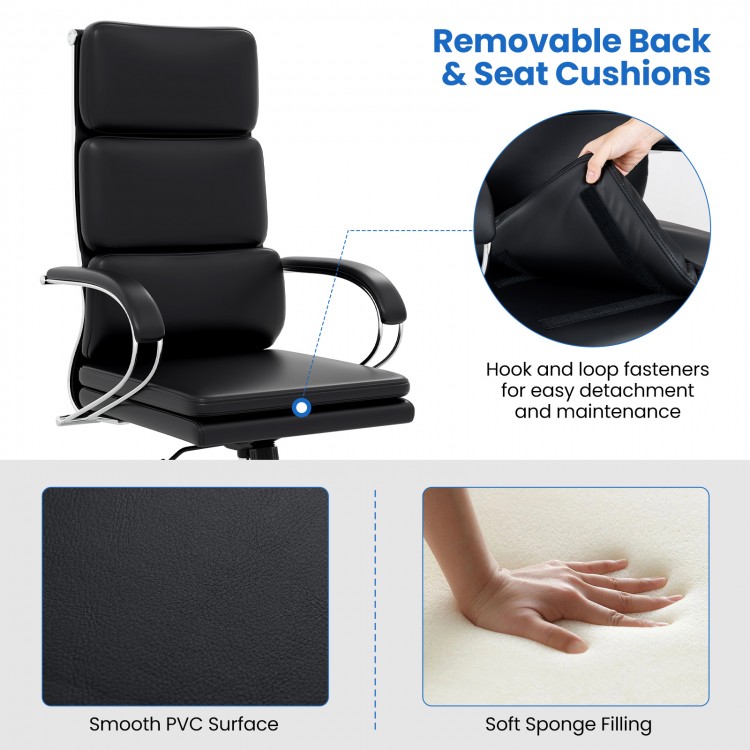 Ergonomic black leather office chair with adjustable height, removable cushions, and soft sponge filling for comfort.
