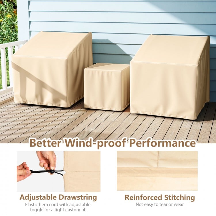 Patio furniture covers in beige for 3-piece bistro set, featuring waterproof material and adjustable drawstring for.