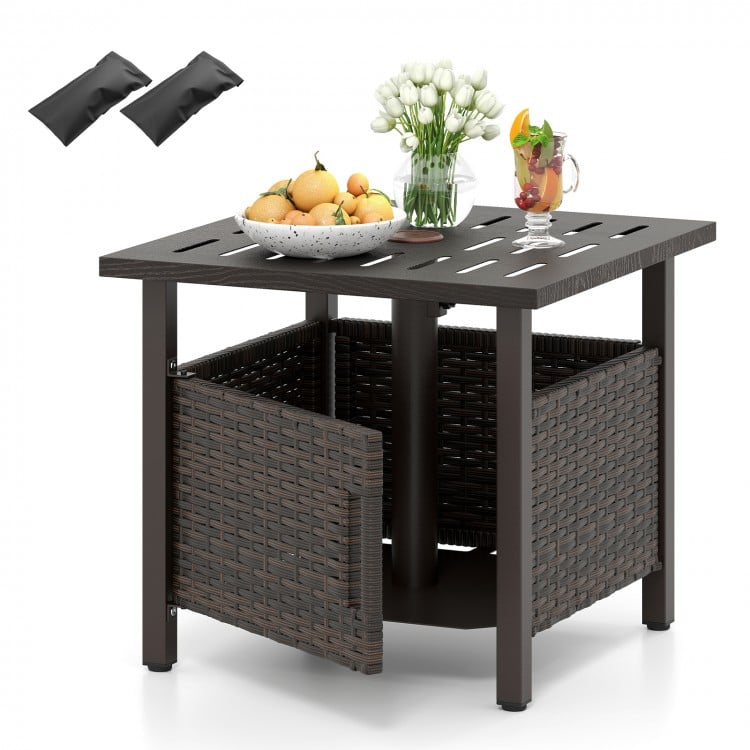 Square outdoor side table in brown with PE wicker, 1.93" umbrella hole, ideal for patio and garden use.