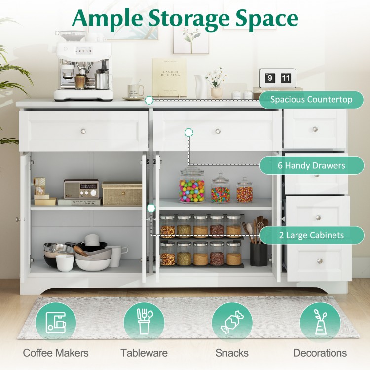 Buffet sideboard with spacious 59" countertop, 6 drawers, and 2 large cabinets for organized coffee bar storage.