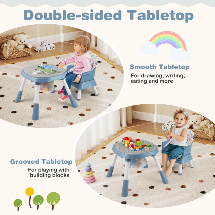 Double-sided tabletop of the 16-in-1 baby high chair, featuring smooth and grooved surfaces for various activities.