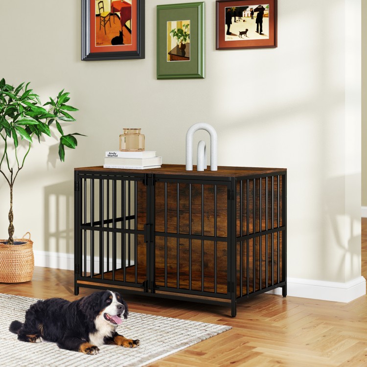 40-inch dog crate furniture with a wood bottom and dual lockable doors, designed for style and stability in any room.