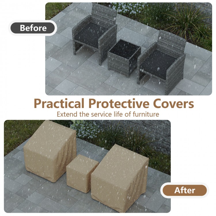 Waterproof patio furniture covers in beige for 3-piece bistro set, providing full coverage and protection from rain.