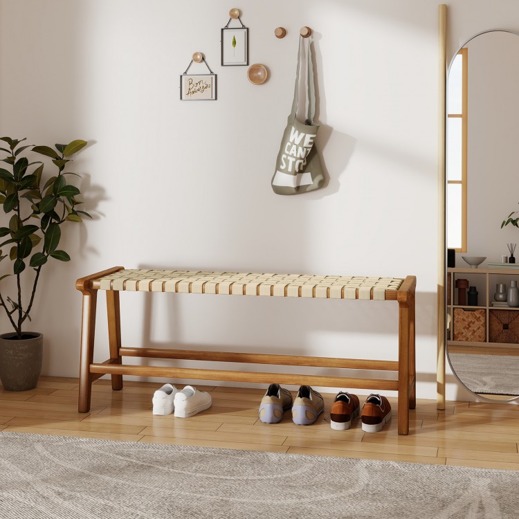 Teak wood patio bench with weave seat, 47 inches long, perfect for outdoor spaces and comfortable seating for three.