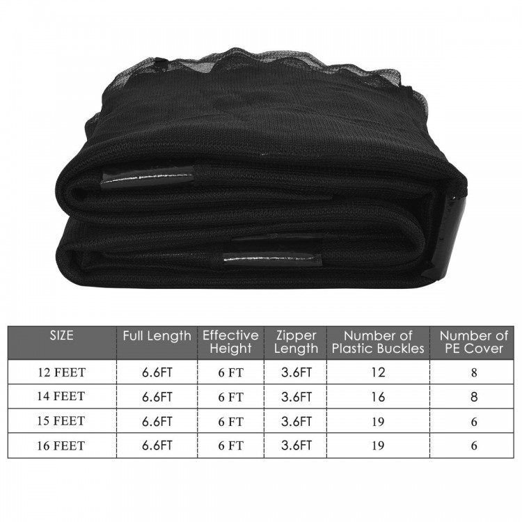 Trampoline replacement protection enclosure net in black, designed for 14ft trampolines with zipper and safety buckles.