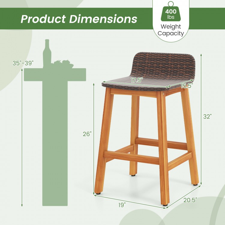 Solid acacia wood bar stool with PE rattan seat, ergonomic backrest, and footrest, ideal for porch or backyard use.