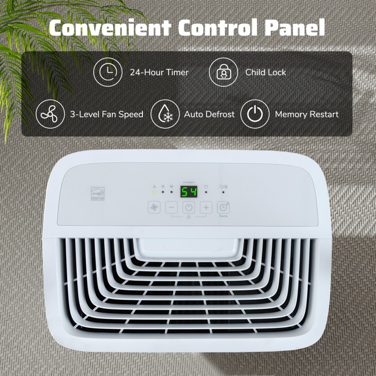 Top view of the 65 Pints dehumidifier featuring an LED display, 24-hour timer, and child lock for easy operation.