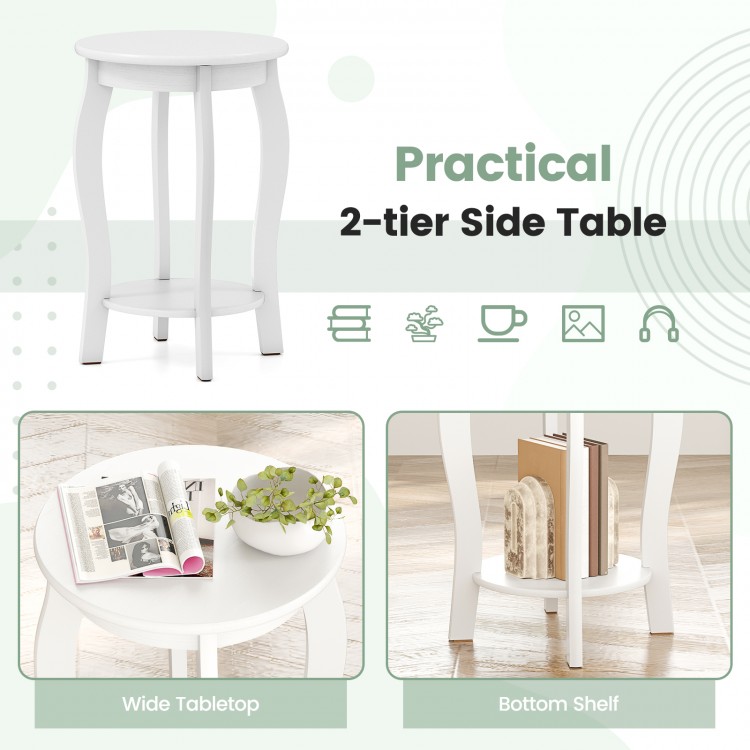 Round 2-tier side table in white with rubber wood legs and storage shelf, perfect for living room or bedroom use.