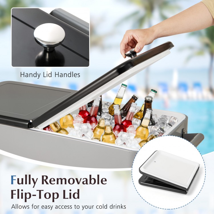 Portable gray patio cooler with removable flip-top lid, 80-quart capacity, and convenient bottle opener for easy access.