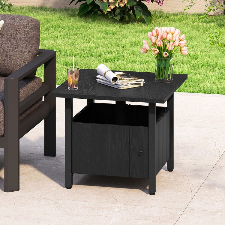 Black outdoor side table featuring a 1.89" umbrella hole, sturdy zinc-iron alloy structure, and rustic wood-like.