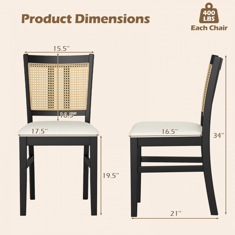 Farmhouse rattan dining chair dimensions with rubber wood legs, featuring a cane back and padded beige seat for comfort.
