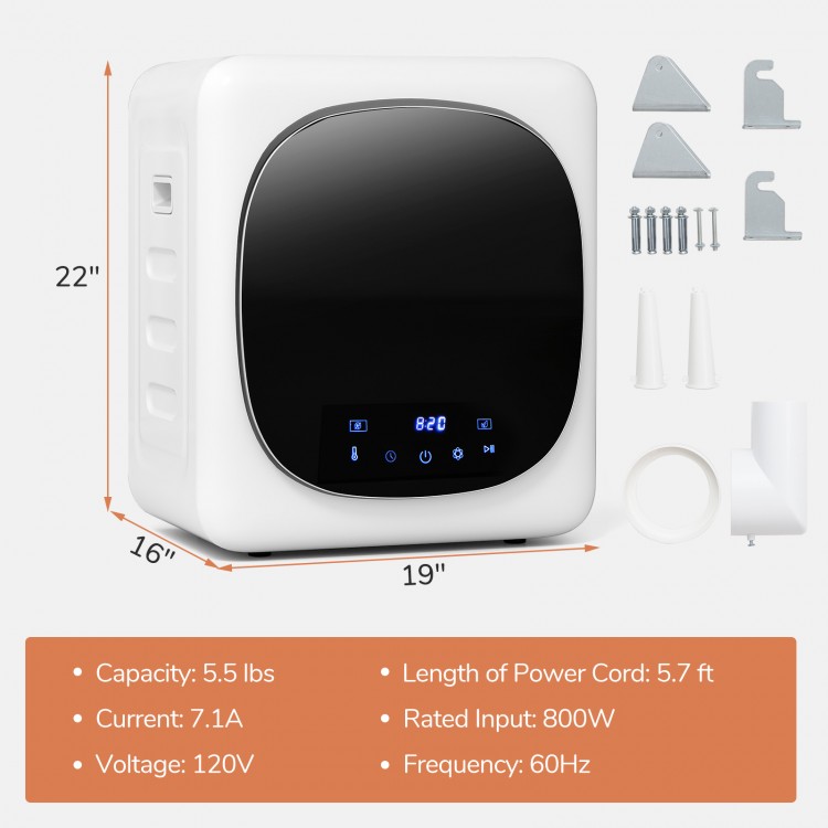 Portable clothes dryer with LED touch panel, 800W power, 1.5 cu.ft capacity, designed for efficient laundry drying.