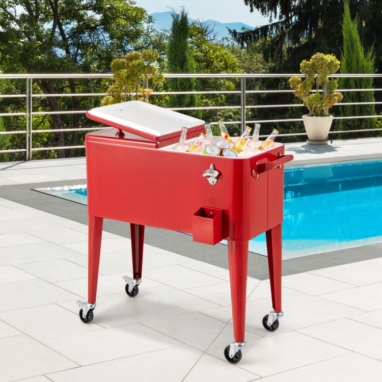 Red portable outdoor patio cooler cart showcasing its sleek design, durable powder coat finish, and spacious 80 Quart.