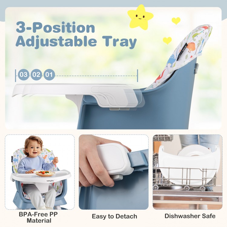 Adjustable tray of the 16-in-1 Baby High Chair, featuring BPA-free material and easy detachment for dishwasher cleaning.