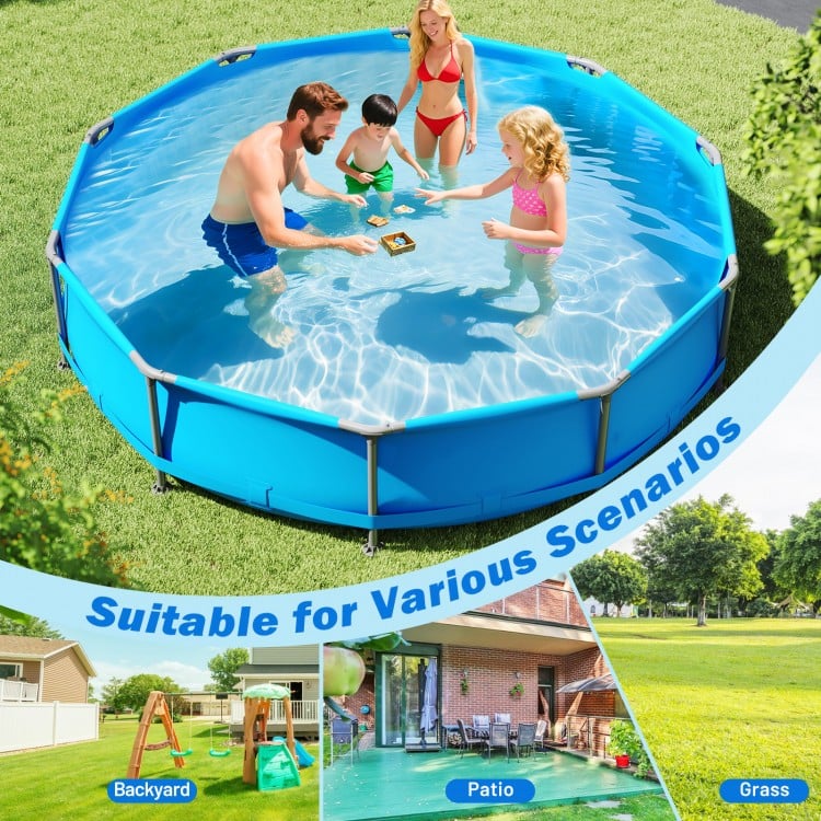 Family enjoying the 12 ft outdoor swimming pool with metal frame, perfect for backyard fun and easy assembly.