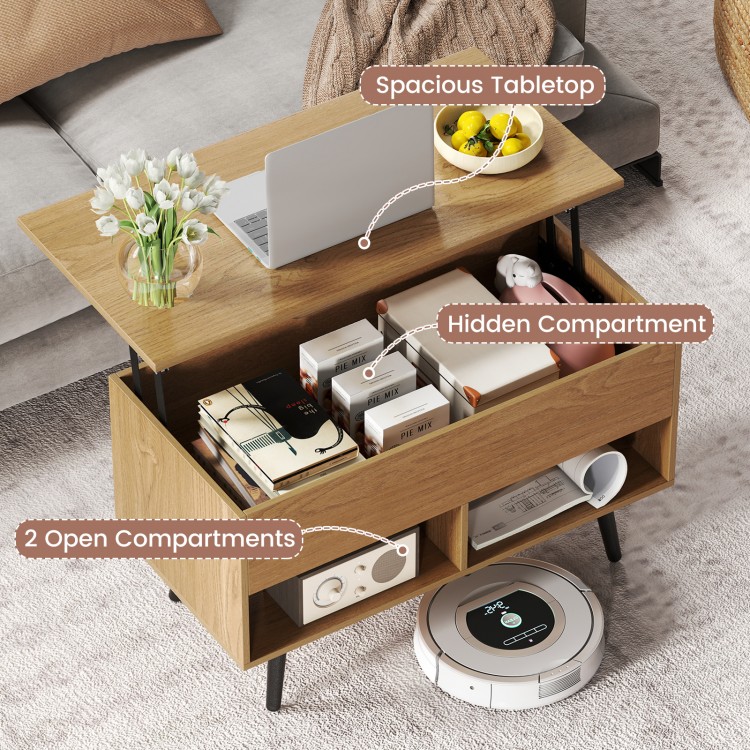 Lift-top coffee table with spacious tabletop, hidden storage, and two open shelves in natural finish for versatile use.