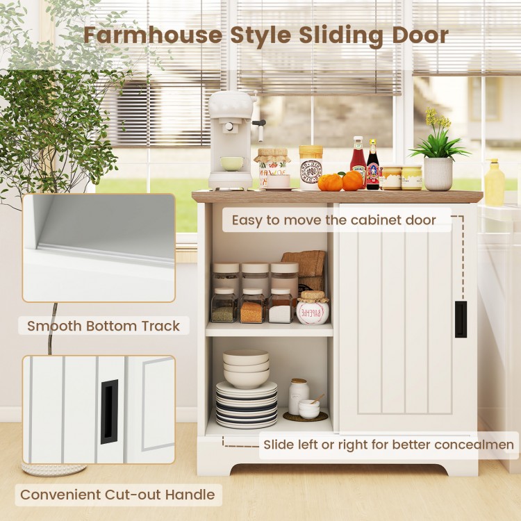 Farmhouse sideboard buffet cabinet in white with sliding doors, featuring a smooth track and convenient cut-out handle.