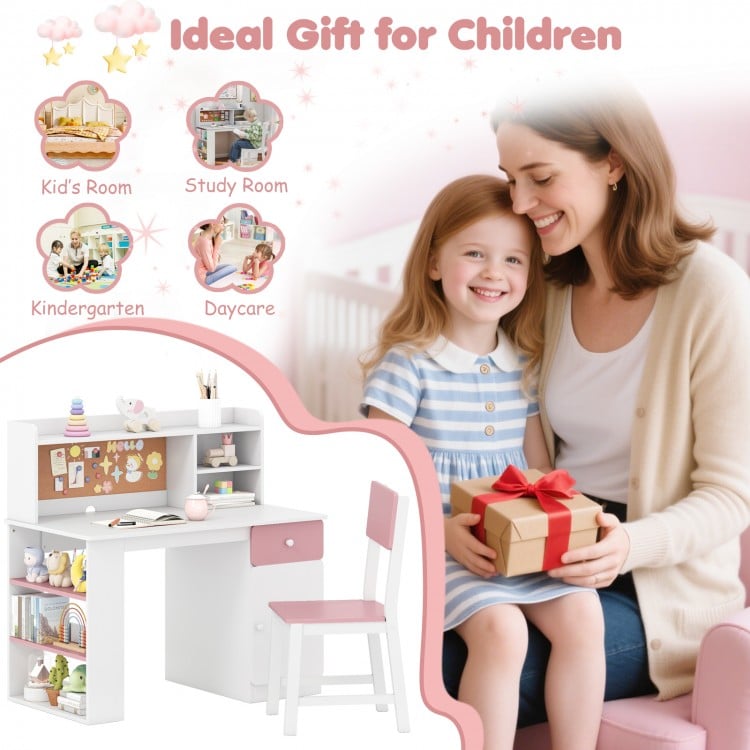 Kids desk and chair set in pink with hutch, storage shelves, and cork board, perfect for study and play areas.