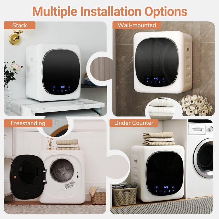 Portable clothes dryer shown in freestanding position, featuring 1.5 cu.ft capacity and multiple installation options.