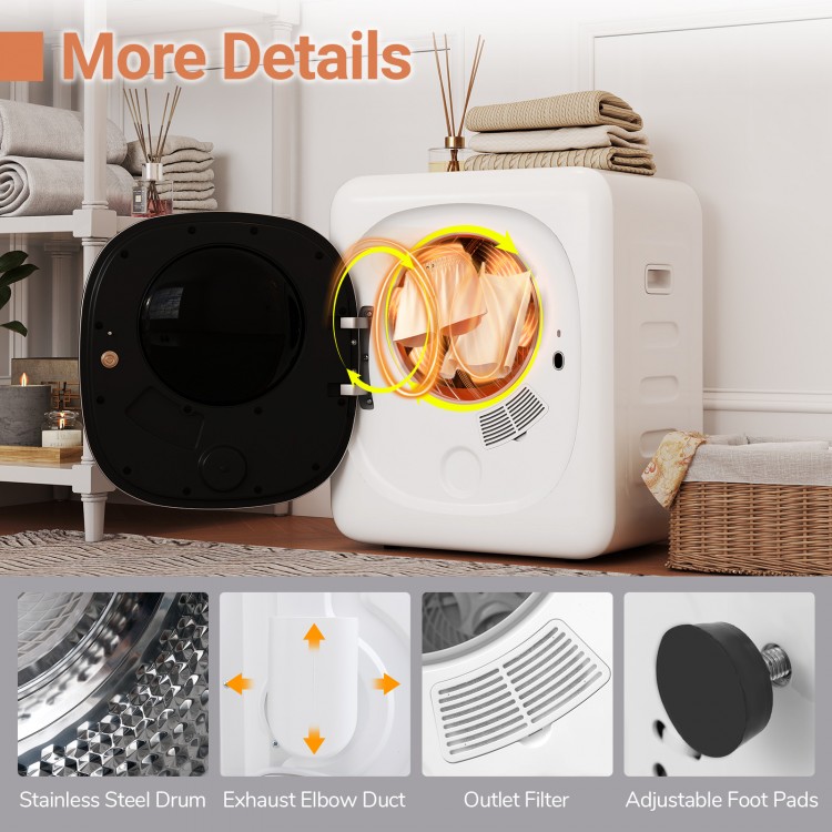 Portable clothes dryer with stainless steel drum, exhaust duct, and adjustable foot pads for versatile placement.