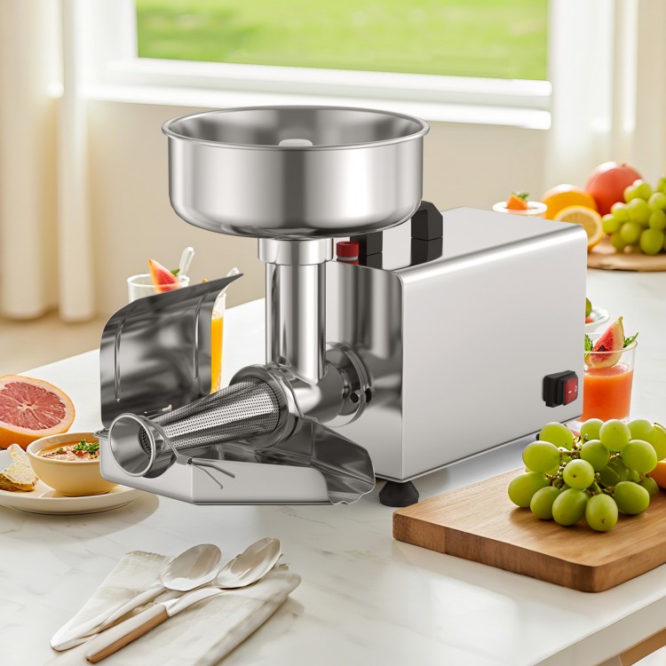 Stainless steel 450W electric tomato strainer with large feed chute, ideal for making jams and sauces in the kitchen.