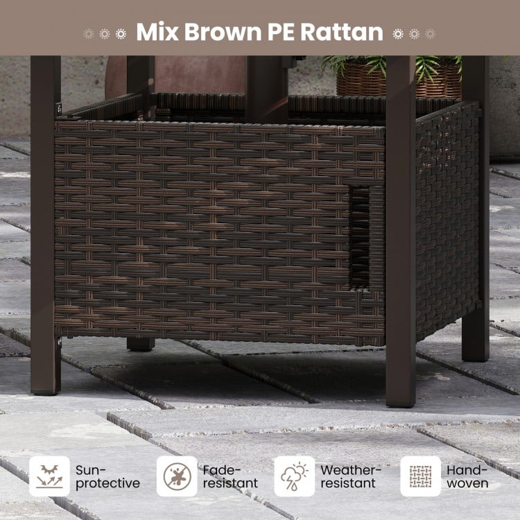 Close-up of the brown PE rattan outdoor side table with a 1.93" umbrella hole, ideal for patio and garden use.
