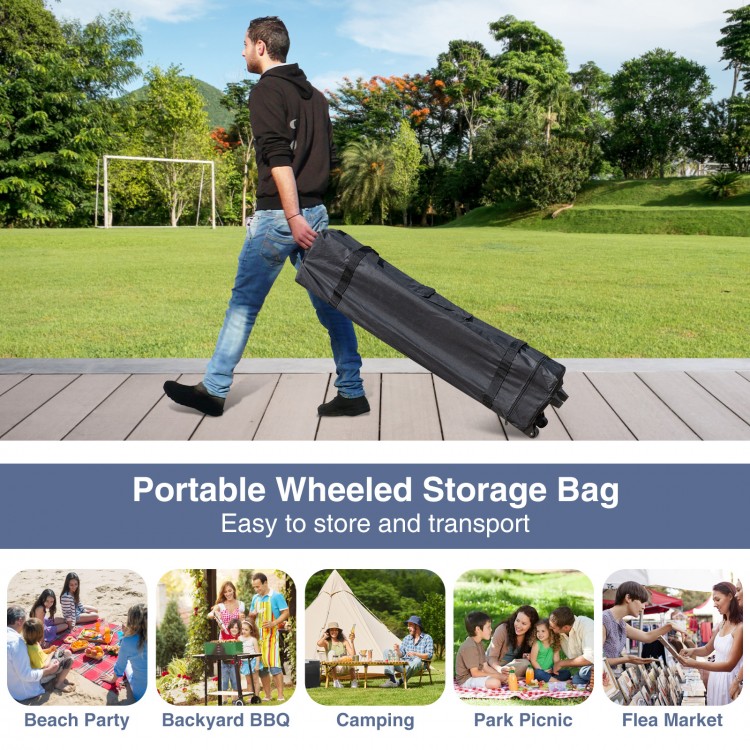 Portable wheeled storage bag for easy transport of the pop-up canopy tent, ideal for outdoor activities and events.