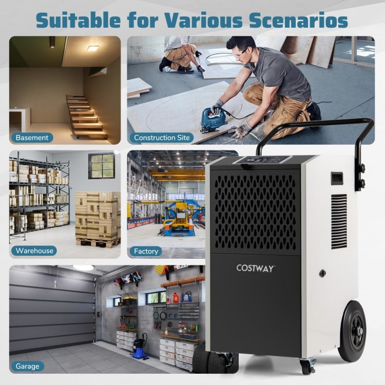 154 Pints commercial dehumidifier with pump, ideal for large spaces like basements and factories, featuring adjustable.