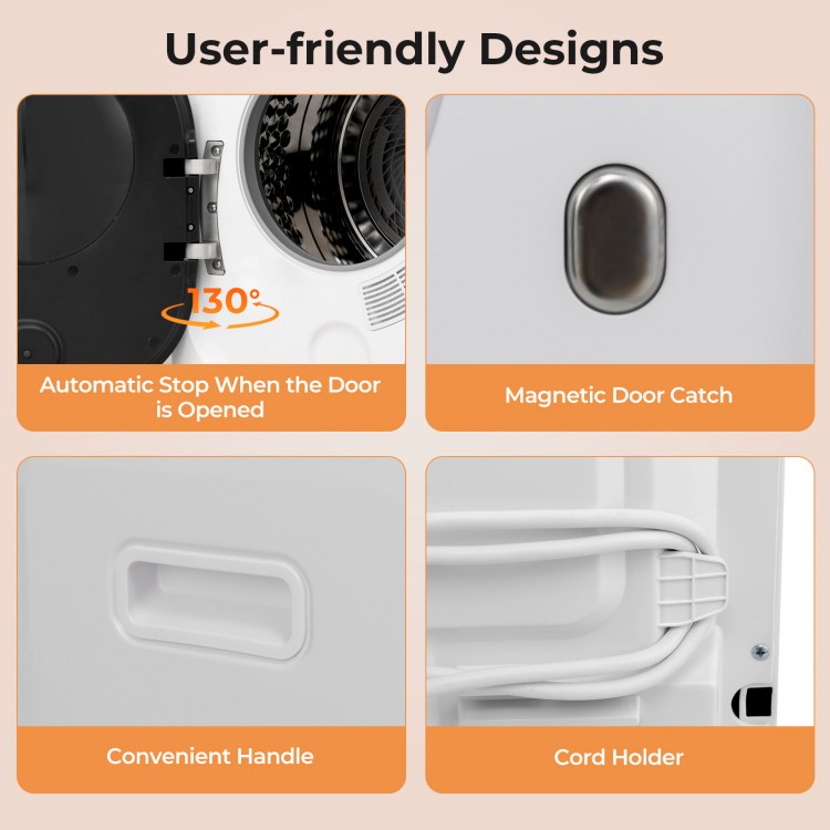 Magnetic door catch and convenient handle on the portable clothes dryer for easy access and safe operation.