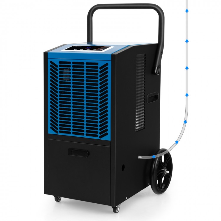 High-capacity commercial dehumidifier with built-in pump, designed for spaces up to 4,500 sq.ft, ideal for basements.