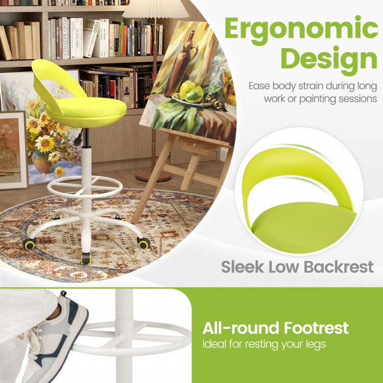 Drafting stool with green upholstery and low backrest, featuring a footrest, ideal for creative studios and standing.