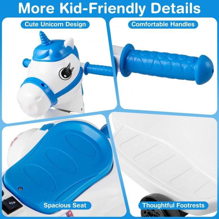 Close-up of the 12V unicorn ride-on toy's comfortable handle and spacious seat, perfect for kids' fun and safety.