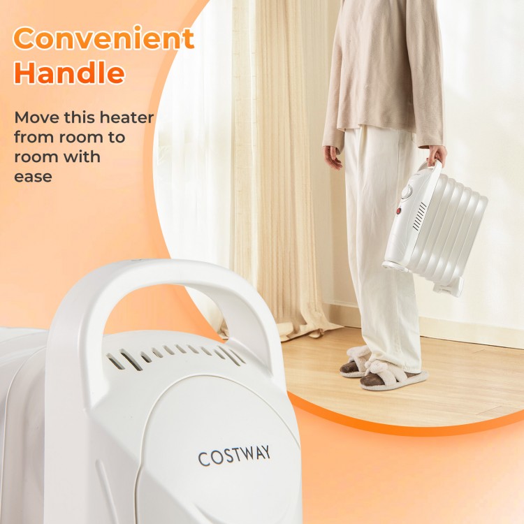 Electric oil-filled radiator heater with convenient handle for easy room-to-room mobility and adjustable thermostat.