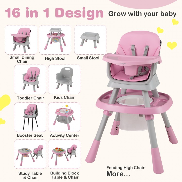 16-in-1 pink baby high chair with activity center, adjustable height, and detachable tray for versatile use.