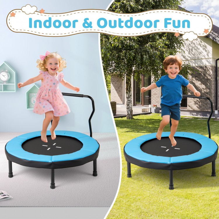 Kids enjoy jumping on the 40-inch blue trampoline, featuring a padded edge and foam handle for safety and stability.