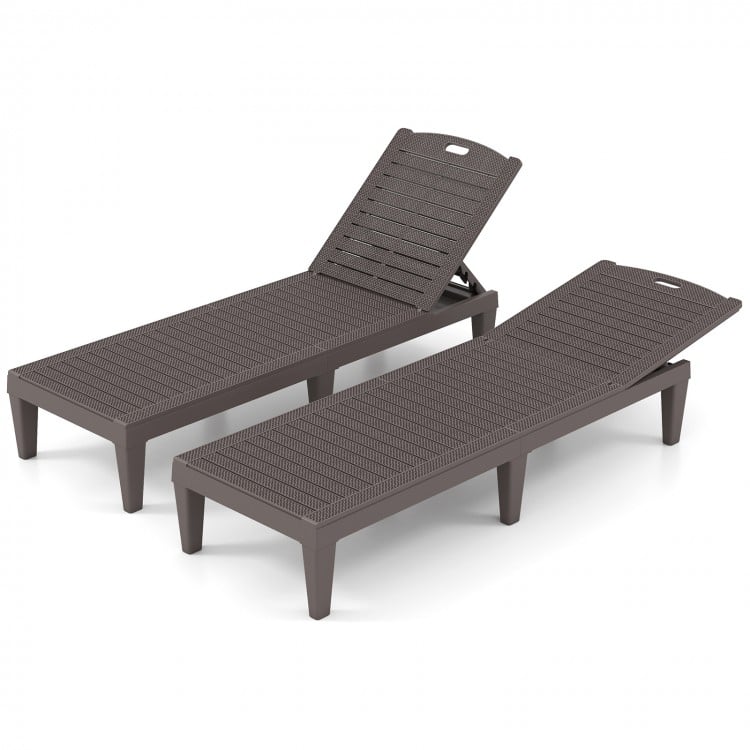 Set of 2 coffee outdoor PP chaise lounge chairs with 4-position adjustable backrests, ideal for poolside relaxation.