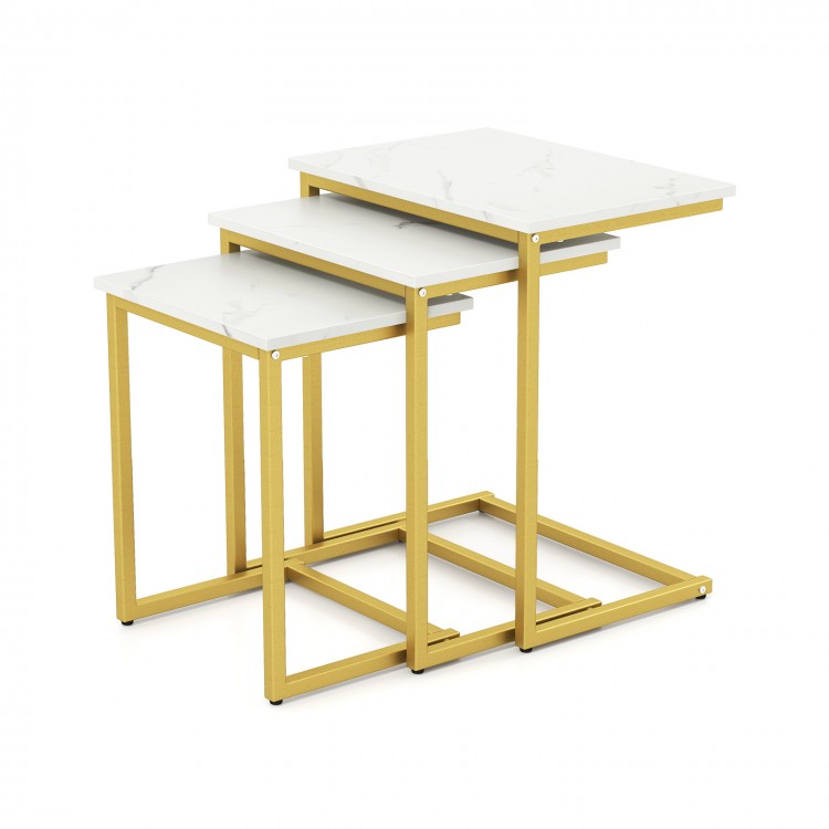 Set of 3 stackable coffee end tables with white MDF tops and gold steel frames, ideal for living room or office use.