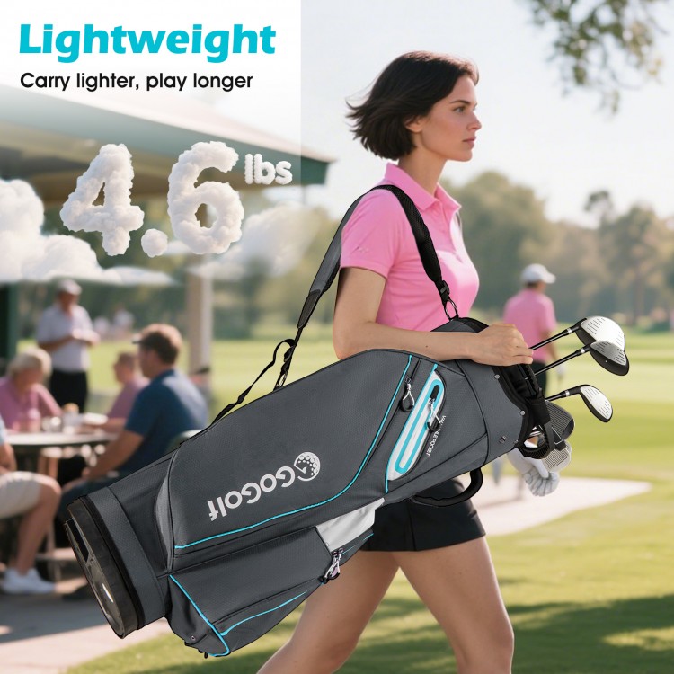 Lightweight gray golf cart bag with 14-way dividers, 6 pockets, and adjustable strap for easy carrying on the course.