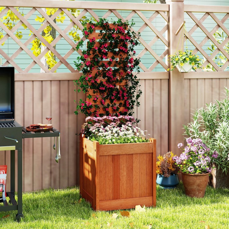 Outdoor wooden raised garden bed with trellis, featuring smooth wood finish and vibrant climbing plants for patio.