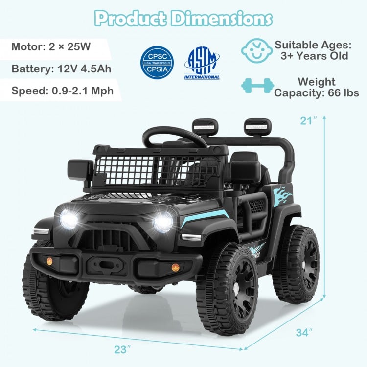 Black 12V kids ride-on truck with dual motors, remote control, and safety features for children aged 3+ years.