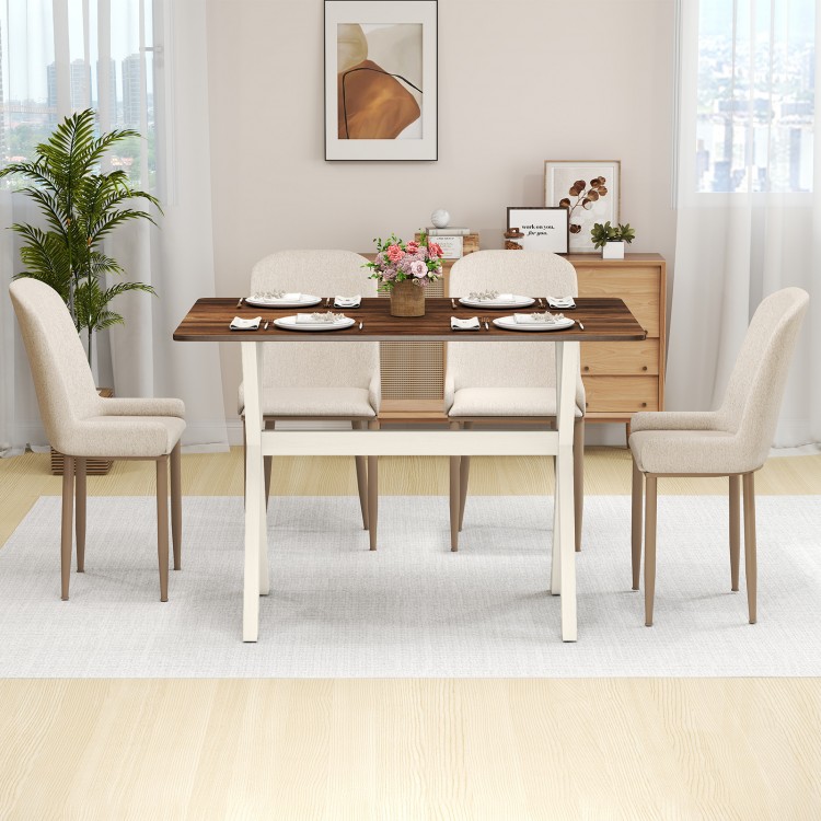 Modern dining table with X-shaped frame, elegant wood grain surface, and sturdy rubber wood for versatile dining use.